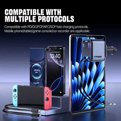 Retractable Car Charger 60W Fast Charging – USB-C & Lightning Cable for Vehicle